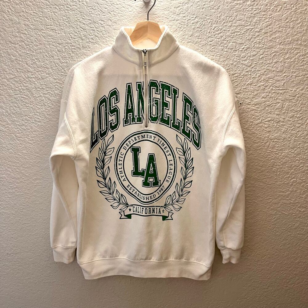 No Boundaries LA Quarter Zip Sweatshirt White Green Graphic XS Preppy Y2K Street - Picture 2 of 9